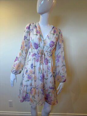 Reserved Ivory Floral Long Sleeve Tie Waist Mini Dress XS